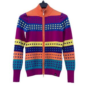 Neve Rainbow Striped Full Zip Ski Merino Wool Polka Dot Cardigan Size Small